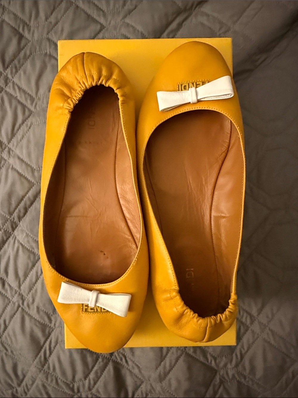 Fendi Ballet Flats, Leather, Mustard Yellow with White Bow, Sz 39.5IT